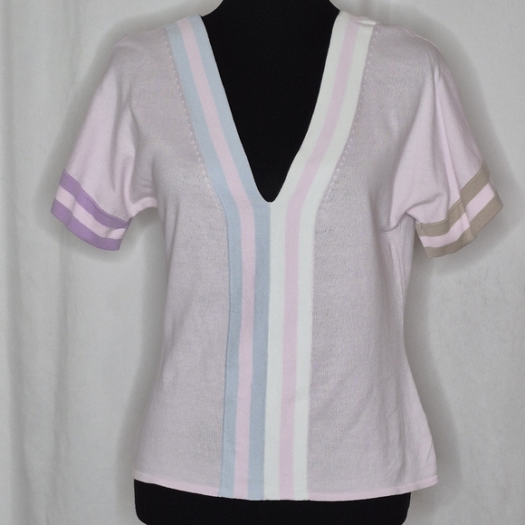 Cotton by Autumn Cashmere Deep V-Neck Short Sleeve Striped Pastel Top - Size L - Picture 1 of 9
